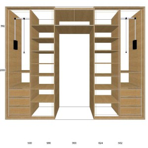 dvojdílná symetricky dělená vestavěná skříň do dětského pokoje s volným prostorem uprostřed